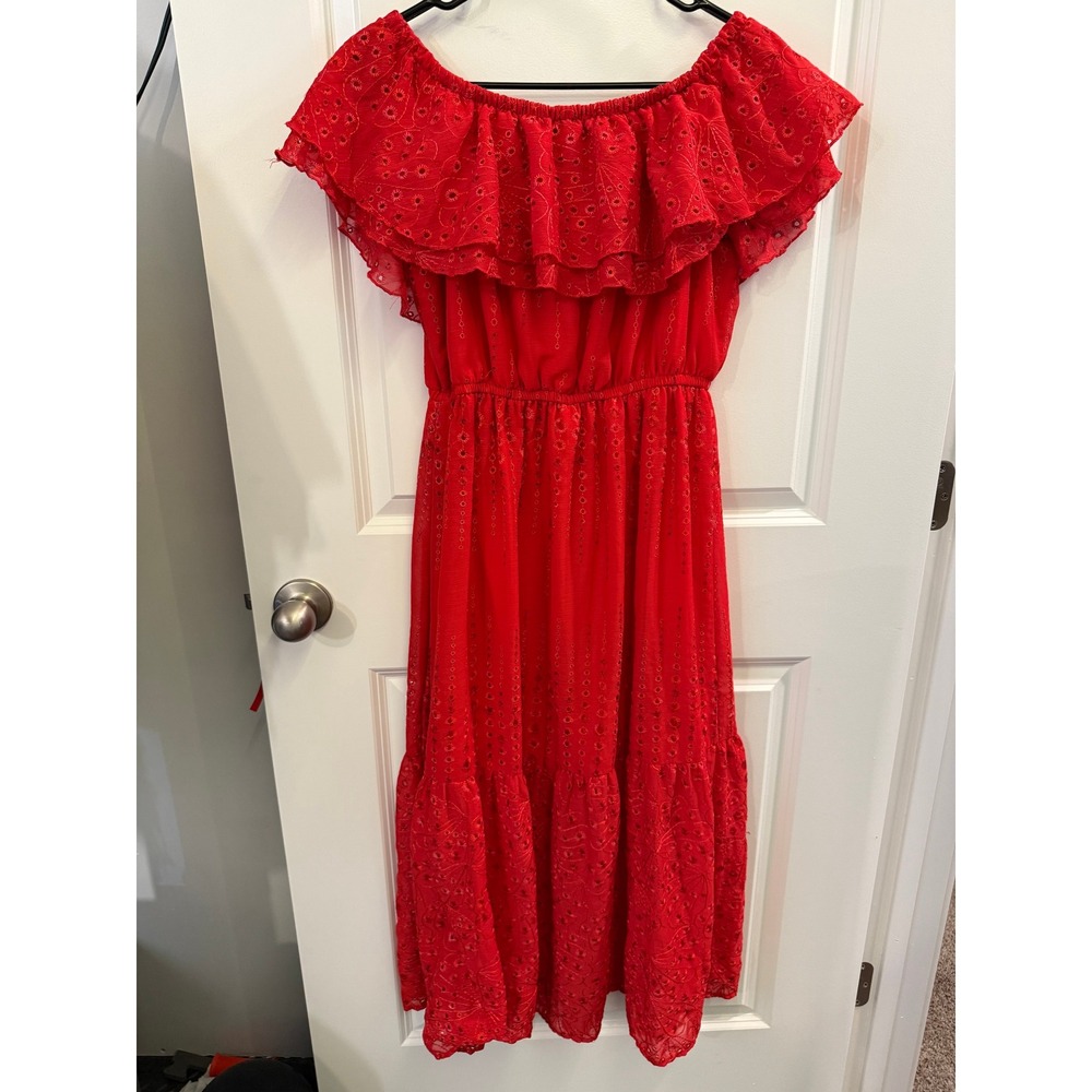 Sofia Jeans by Sofia Vergara Red‎ Eyelet Off Shoulder Midi Dress Hibiscus M 8-10